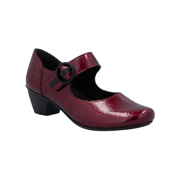 Red patent leather heeled mary-jane shoe with a black buckle.