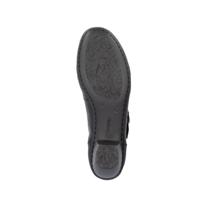 Black light treaded outsole with Rieker logo stamped near heel.