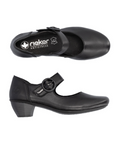 Pair of black leather heeled shoes with a black strap buckle and black footbed with the Rieker logo.