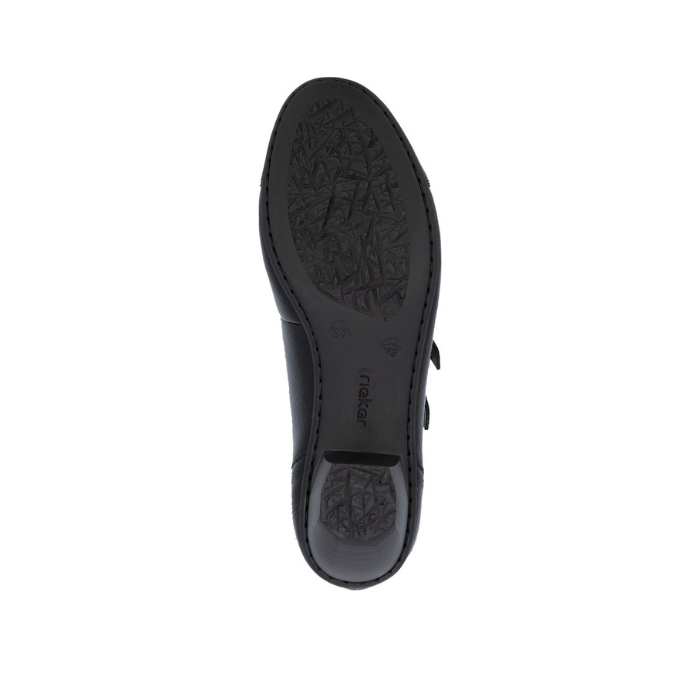 Black light treaded outsole with Rieker logo stamped in middle.