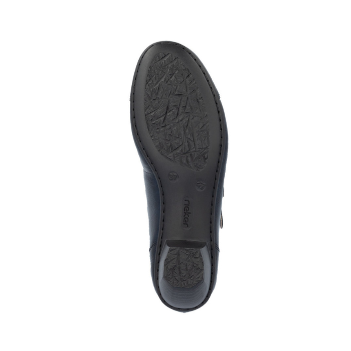 Black light treaded outsole of low block heel Mary-Jane with Rieker logo stamped in middle.