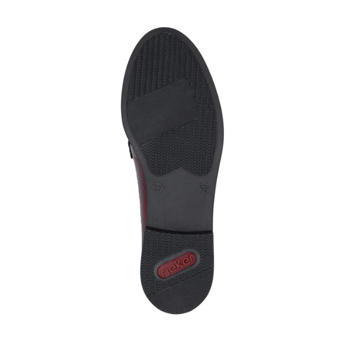 Black light treaded rubber outsole with red Rieker logo on heel.