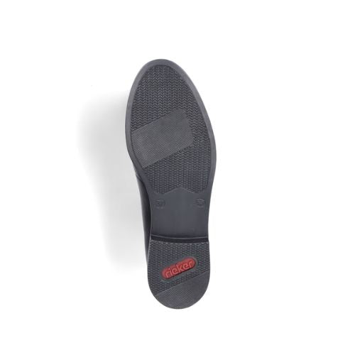 Black light treaded outsole with red Rieker logo on heel.