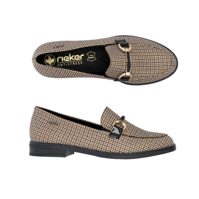 Pair of Beige loafer shoes with gold and black houndstooth pattern and gold decorative buckles.