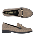 Pair of Beige loafer shoes with gold and black houndstooth pattern and gold decorative buckles.