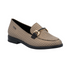 Beige loafer shoe with gold and black houndstooth pattern and gold buckle.