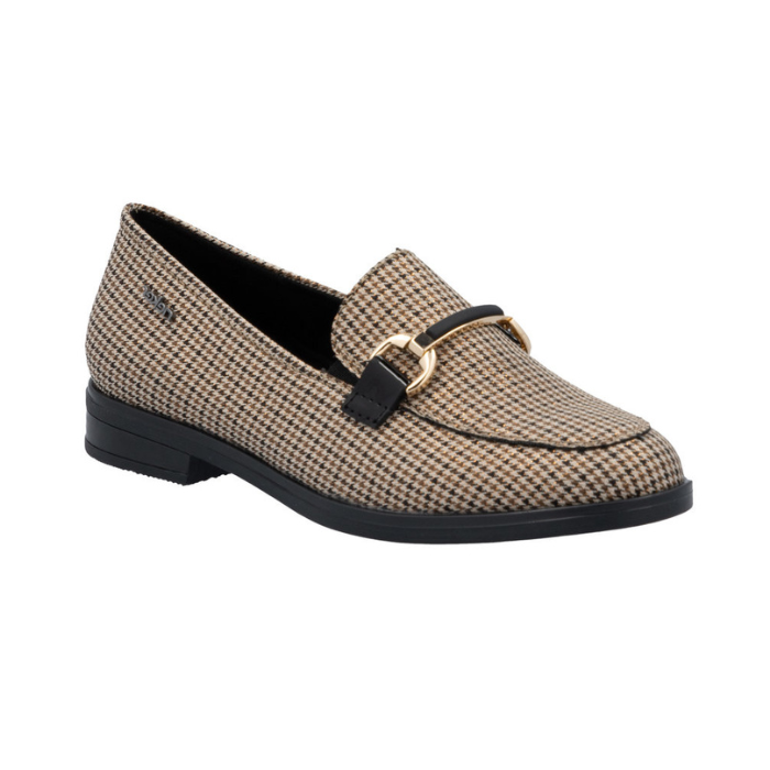 Beige loafer shoe with gold and black houndstooth pattern and gold buckle.