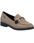 Beige loafer shoe with gold and black houndstooth pattern and gold buckle.