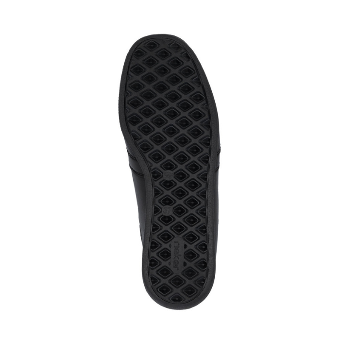 Black rubber outsole with diamond tread pattern and Rieker logo stamped in heel.