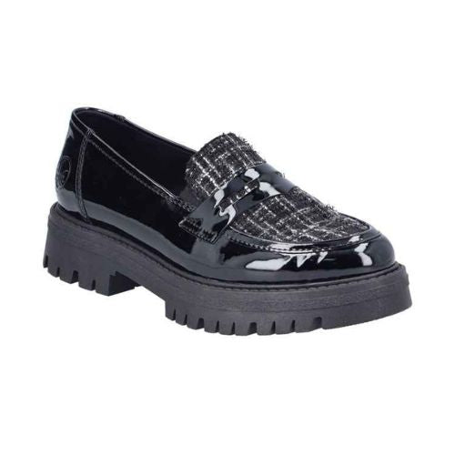 A black patent penny loafer with plaid instep accent and a chucky black treaded outsole.