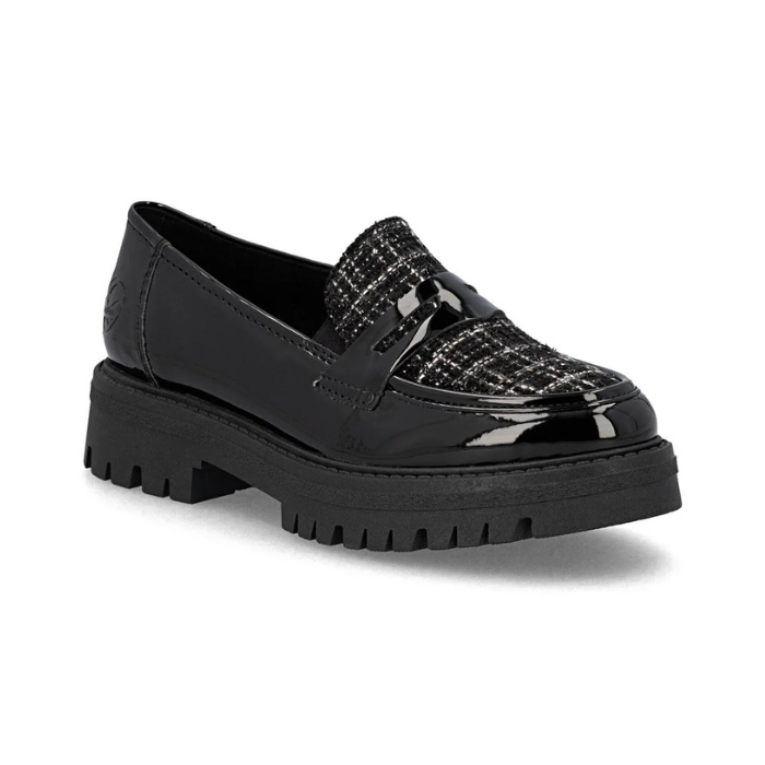 A black patent penny loafer with plaid instep accent and a chucky black treaded outsole.
