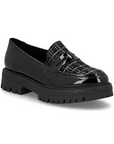 A black patent penny loafer with plaid instep accent and a chucky black treaded outsole.