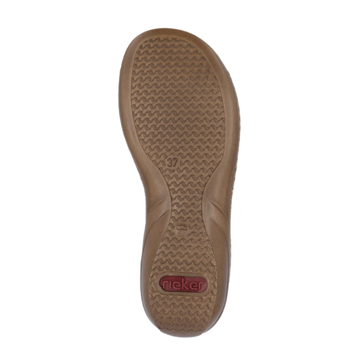 Brown wave pattern tread of sandal outsole with red Rieker logo stamped in heel.