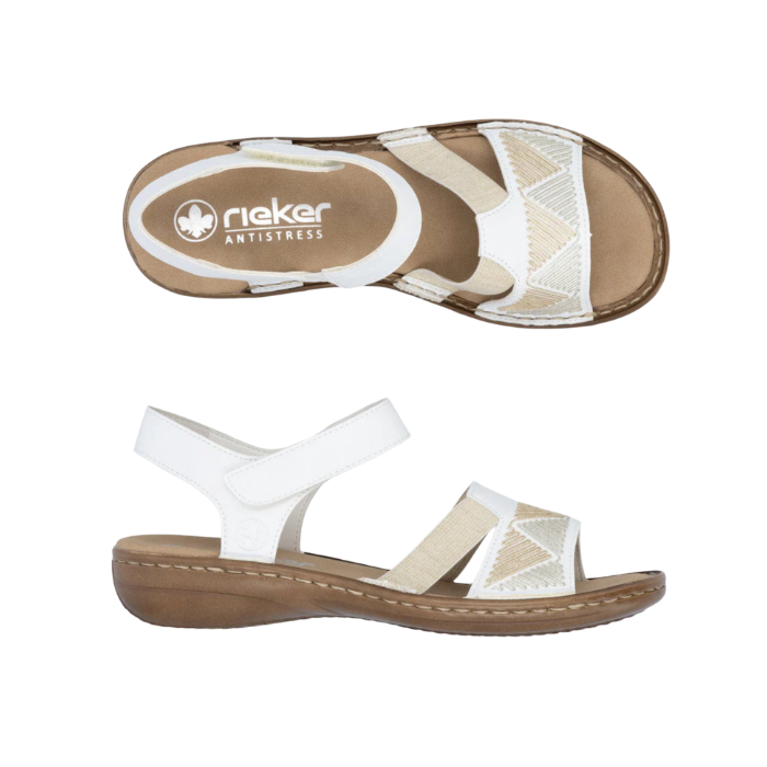 Pair of White sandals with beige accents on toe strap, tan Rieker logo'd footbed and brown outsole.