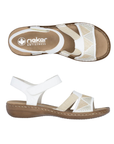 Pair of White sandals with beige accents on toe strap, tan Rieker logo'd footbed and brown outsole.