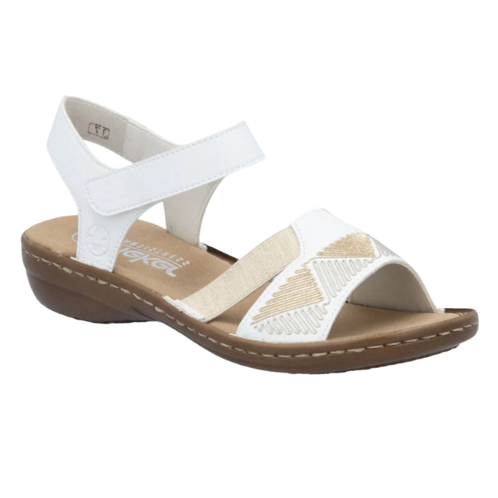 White sandal with beige accents on toe strap, tan Rieker logo'd footbed and brown outsole.