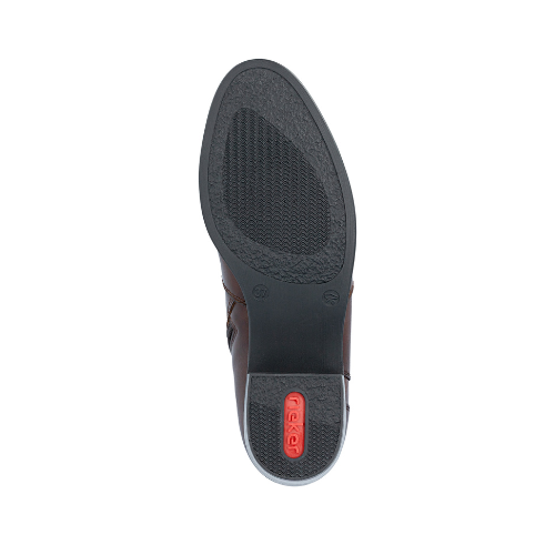 Black light treaded outsole with red Rieker logo on low block heel.