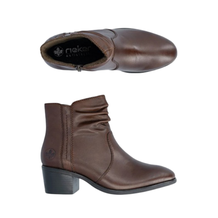 Pair of brown leather ankle boots with a ruched shaft, detailed stitching and a low black block heel.