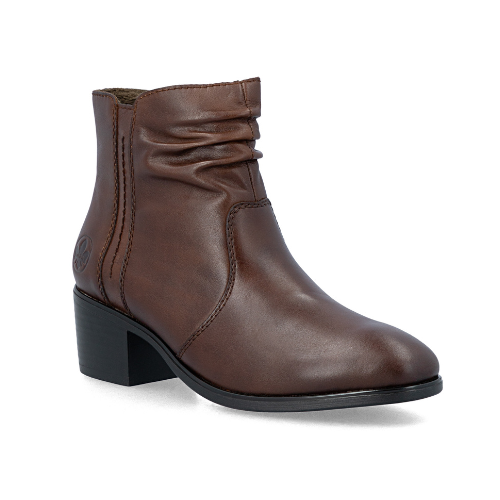 A brown leather ankle boot with a ruched shaft, detailed stitching and a low black block heel.