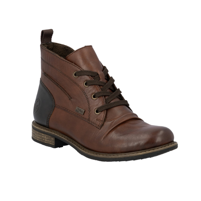 Brown leather lace boot with brown laces, black heel cap and brown low outsole.