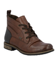 Brown leather lace boot with brown laces, black heel cap and brown low outsole.