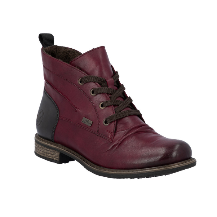 Maroon leather lace boot with brown laces, black heel cap and brown low outsole.