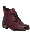 Maroon leather lace boot with brown laces, black heel cap and brown low outsole.