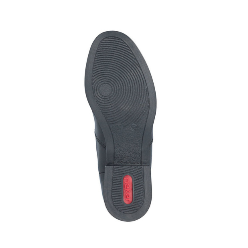 Black outsole with circle tread pattern and red Rieker logo stamped in heel.