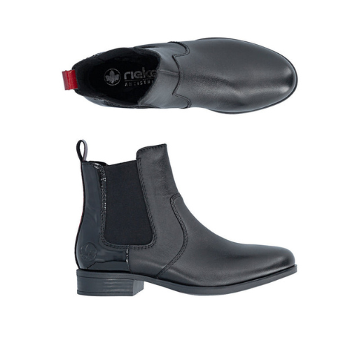 Pair of black leather Chelsea boots with black elastic side panels and a small red pull tab at the back.