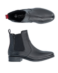 Pair of black leather Chelsea boots with black elastic side panels and a small red pull tab at the back.