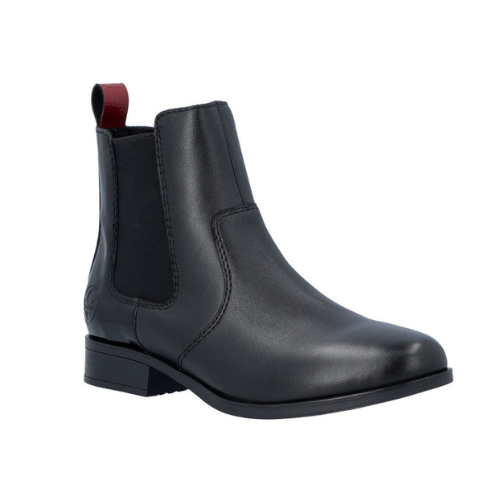 A black leather Chelsea boot with black elastic side panels and a small red pull tab at the back.