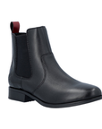 A black leather Chelsea boot with black elastic side panels and a small red pull tab at the back.