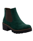 Deep green suede Chelsea boot with grey elastic goring and chunky black lugged low heel outsole.