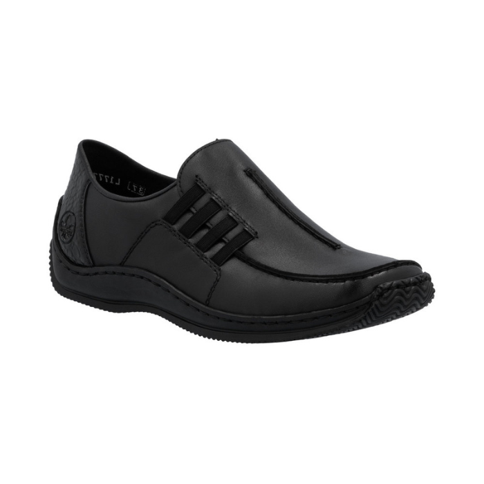 Black slip-on shoe with accent stitched lines, side elastics and black outsole.