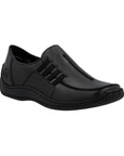 Black slip-on shoe with accent stitched lines, side elastics and black outsole.