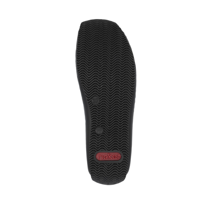 Wave tread pattern on black outsole with red Rieker logo stamped in heel.