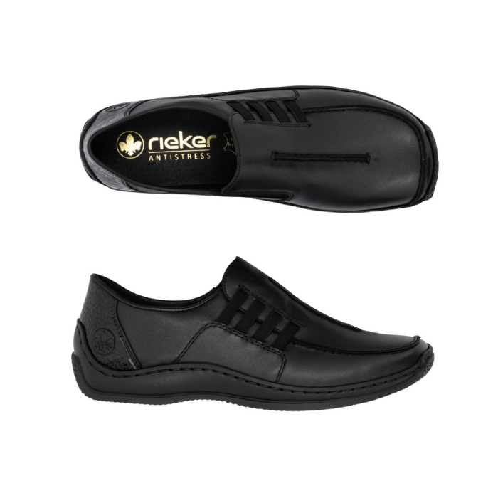Pair of Black slip-on shoe with accent stitched lines,black footbed with gold Rieker logo, side elastics and black outsole.