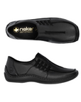 Pair of Black slip-on shoe with accent stitched lines,black footbed with gold Rieker logo, side elastics and black outsole.