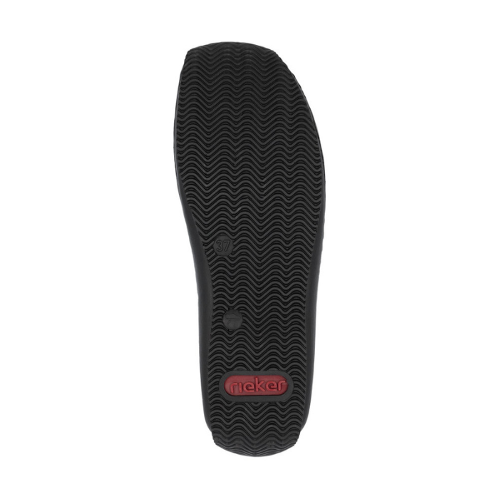 Wave tread pattern on black outsole with red Rieker logo stamped in heel.