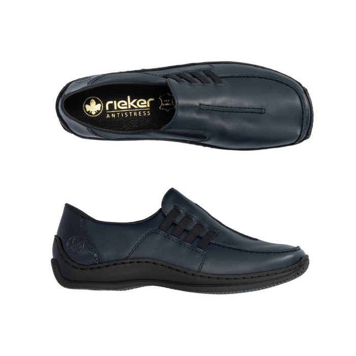 Pair of Navy slip-on shoe with black accent stitched lines, side elastics, black footbed with gold Rieker logo and black outsole.