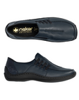 Pair of Navy slip-on shoe with black accent stitched lines, side elastics, black footbed with gold Rieker logo and black outsole.