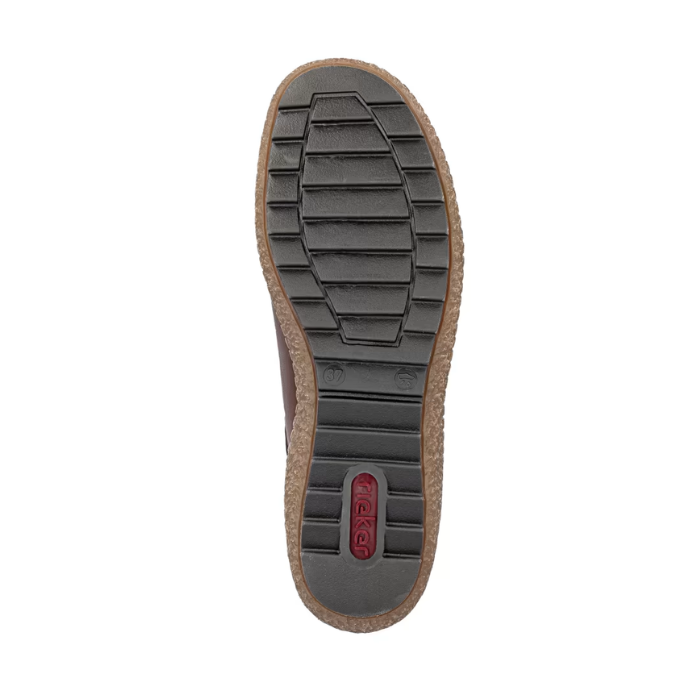 Black treaded outsole with brown outline and red Rieker logo on heel.