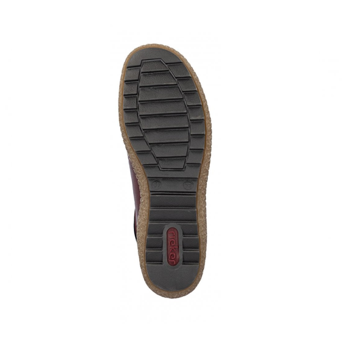 Black treaded outsole with brown outline and red Rieker logo on heel.