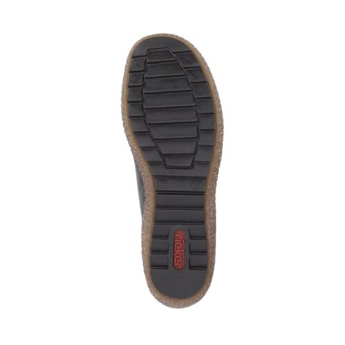 Black treaded outsole with red Rieker logo on heel.