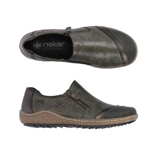 Pair of Green slip on leather shoes with zipper closure, darker green accents, black Rieker logo'd footbed with a brown midsole and black outsole.