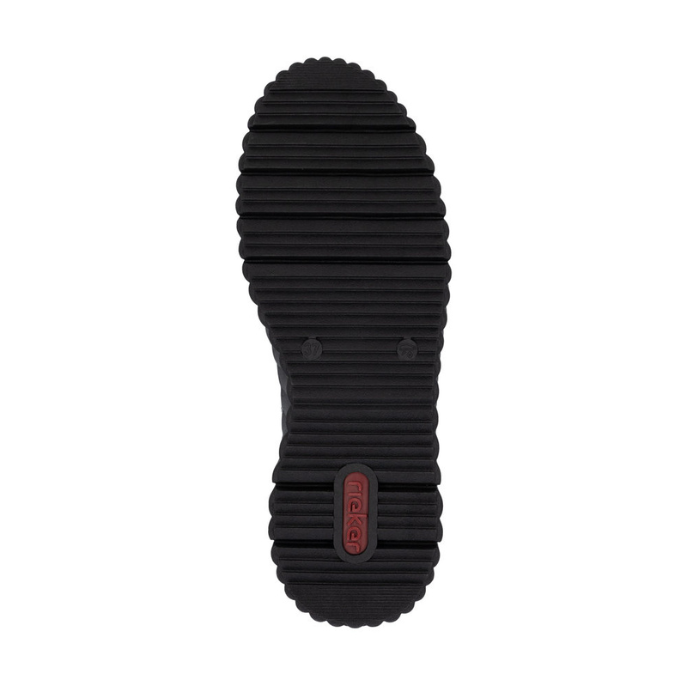 Black light treaded outsole with red Rieker logo on heel.