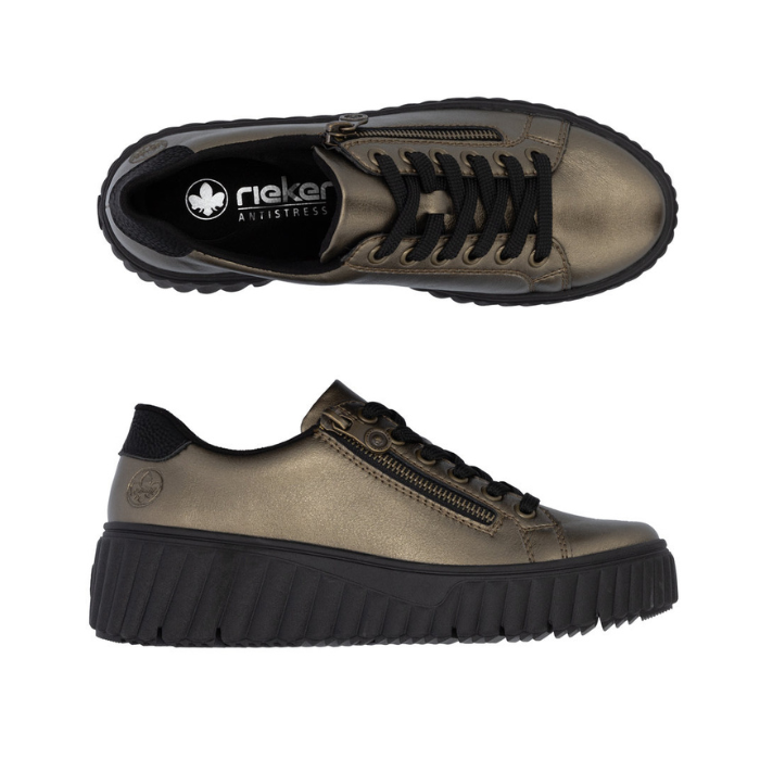 Pair of Bronze sneakers with black laces, side zipper,  black accent heel and black platform outsole.