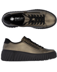 Pair of Bronze sneakers with black laces, side zipper,  black accent heel and black platform outsole.
