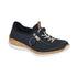 Slip-on sneaker in dark navy with bungee laces, decorative side zipper, faux cork midsole and white outsole.