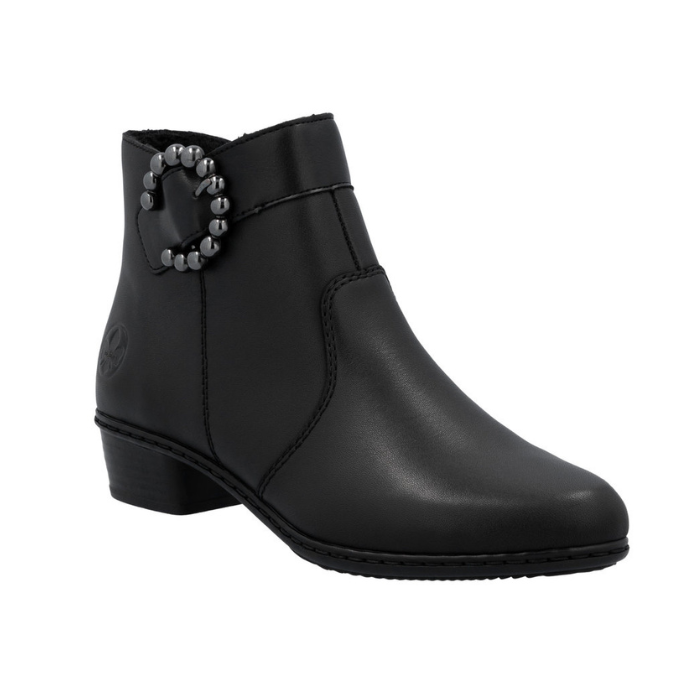 Black ankle boot with decorative bead buckle and low heel.